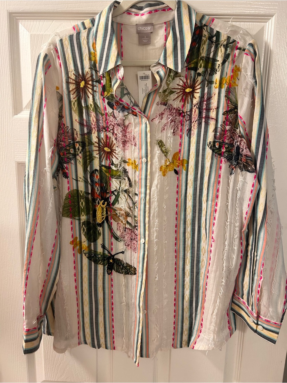 Chico's White Striped Button-Down with Floral & Butterfly Print